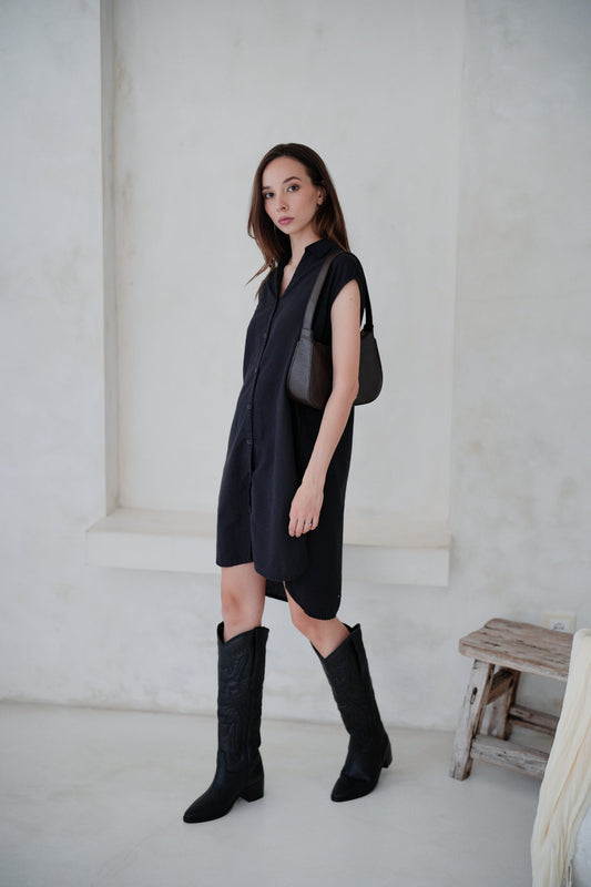 Jenny Linen Cotton Shirt Dress in Black