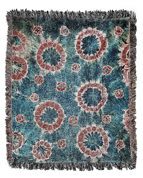 Blue and Red Tie Dye Cotton Woven Throw Blanket with Colorful Fringe - Perfect for Couch or Bed