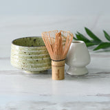 Kaneni White Ceramic Matcha Bowl, Bamboo Matcha Whisk, Whisk Holder & Organic Japanese Matcha Set