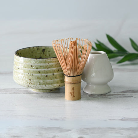 Kaneni White Ceramic Matcha Bowl, Bamboo Matcha Whisk, Whisk Holder & Organic Japanese Matcha Set