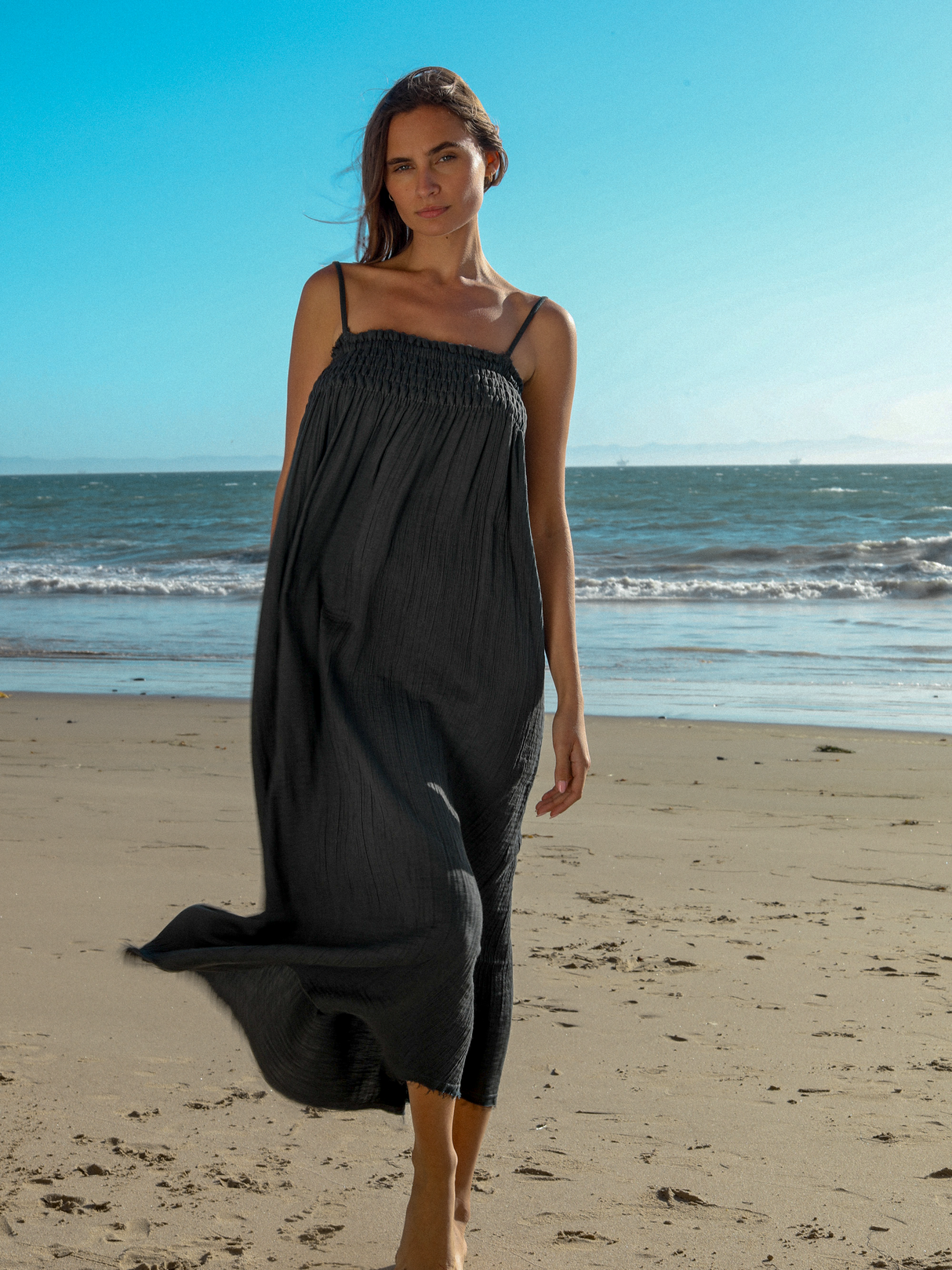 Kaya Smocked Maxi Dress - Charcoal - Sumiye Co
