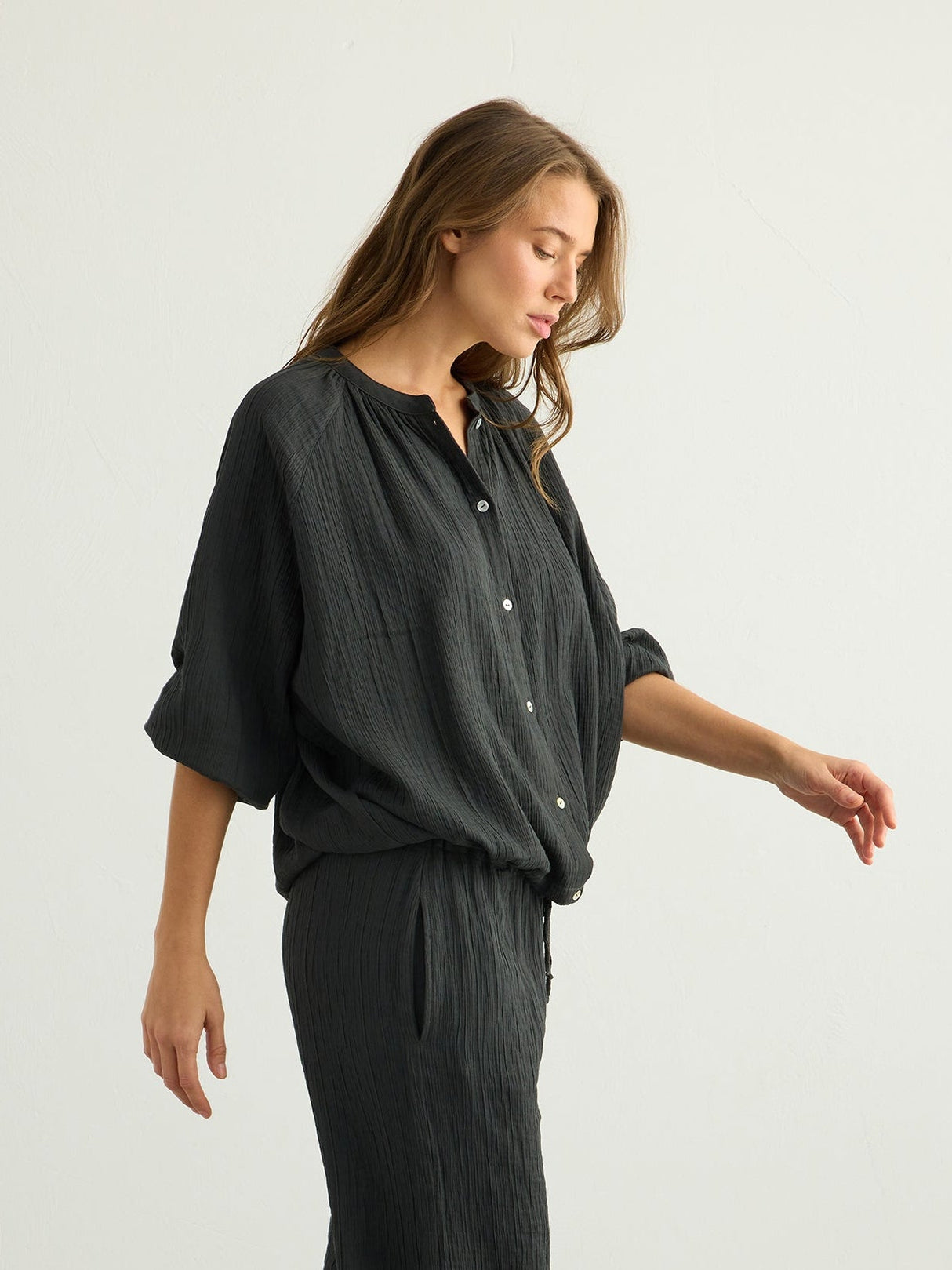 Kaya Buttoned Blouse - Charcoal - Sumiye Co
