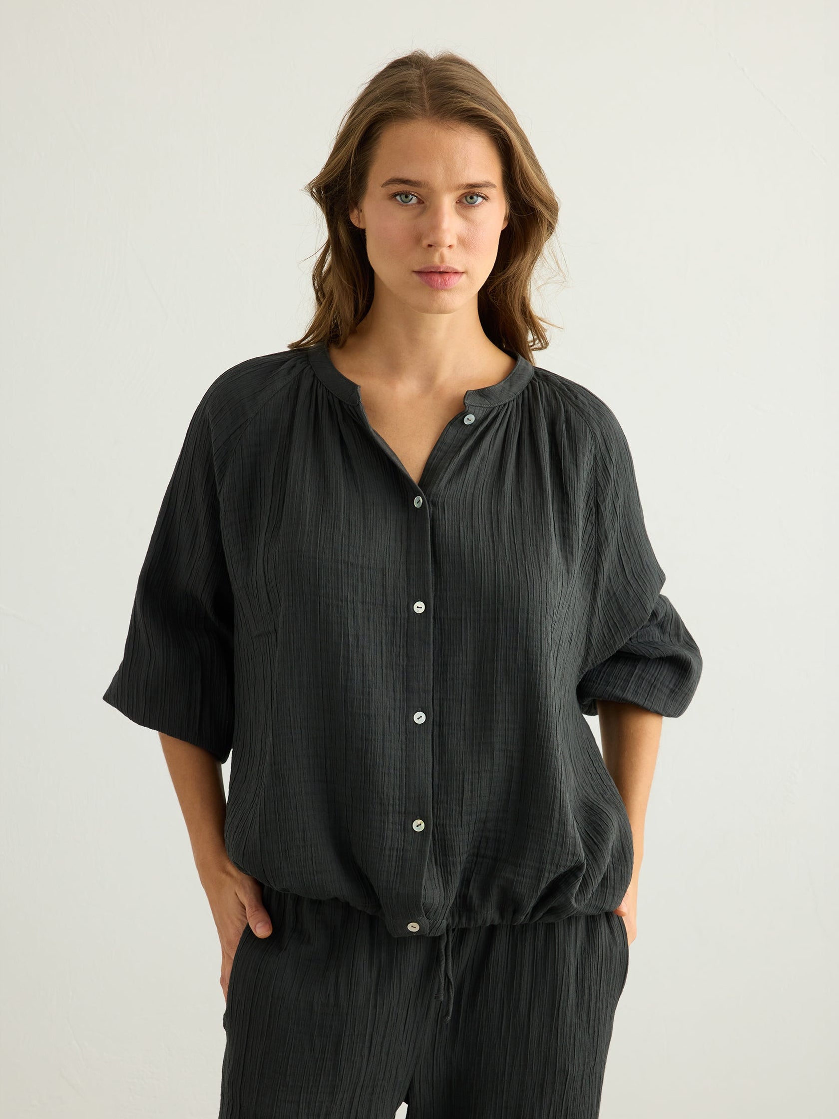 Kaya Buttoned Blouse - Charcoal - Sumiye Co