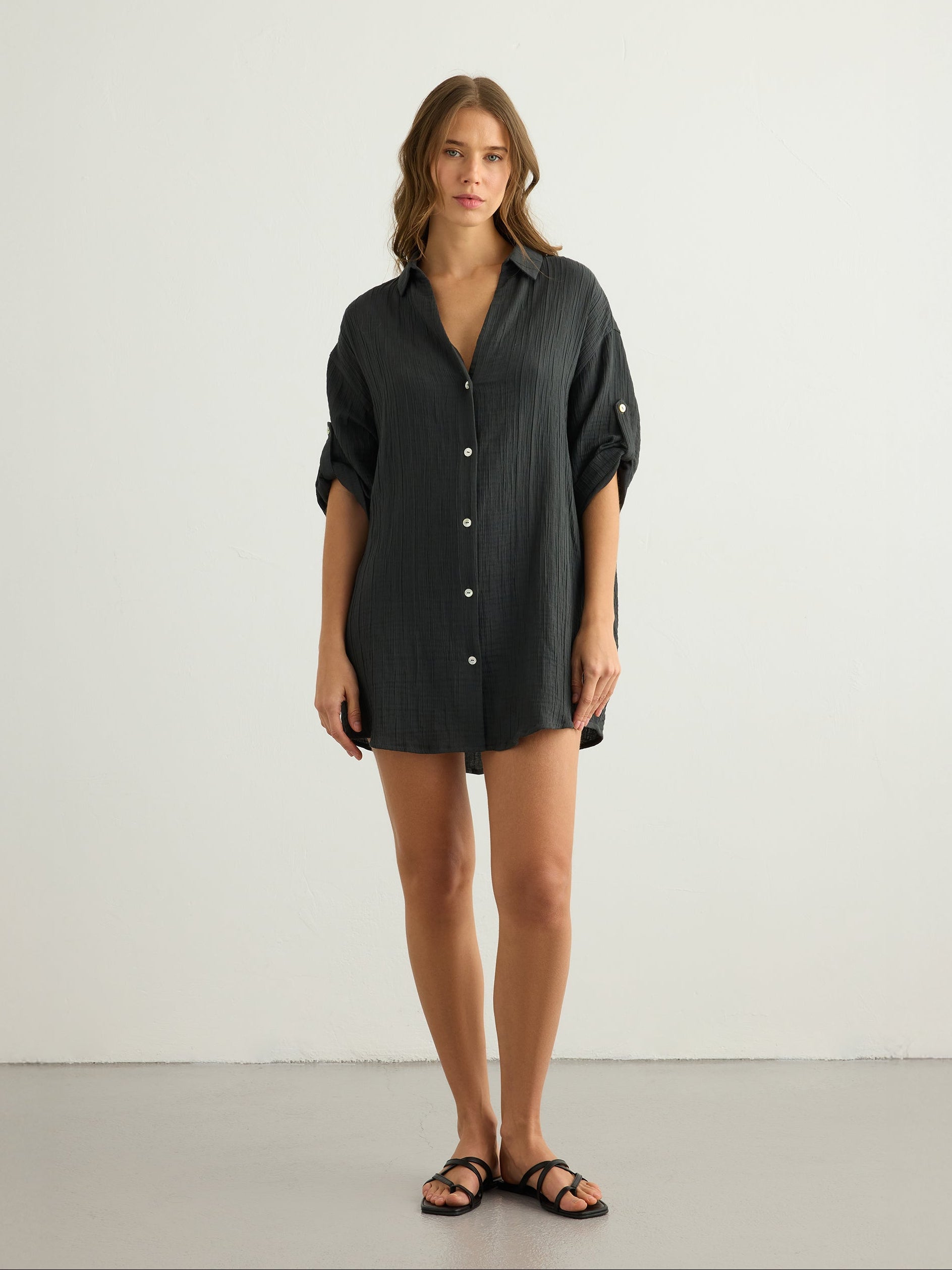 Kaya Oversized Shirt Dress - Charcoal - Sumiye Co