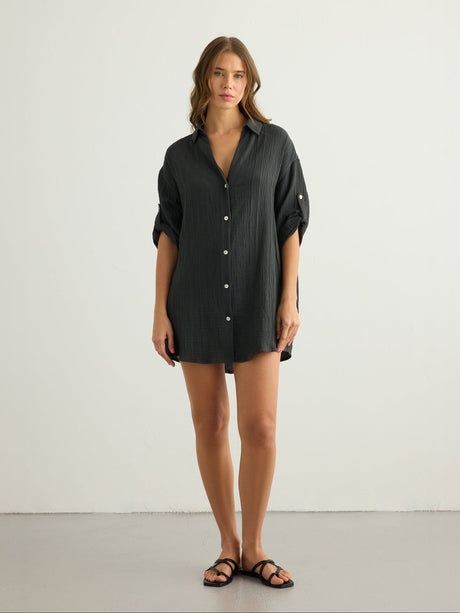 Kaya Oversized Shirt Dress - Charcoal - Sumiye Co