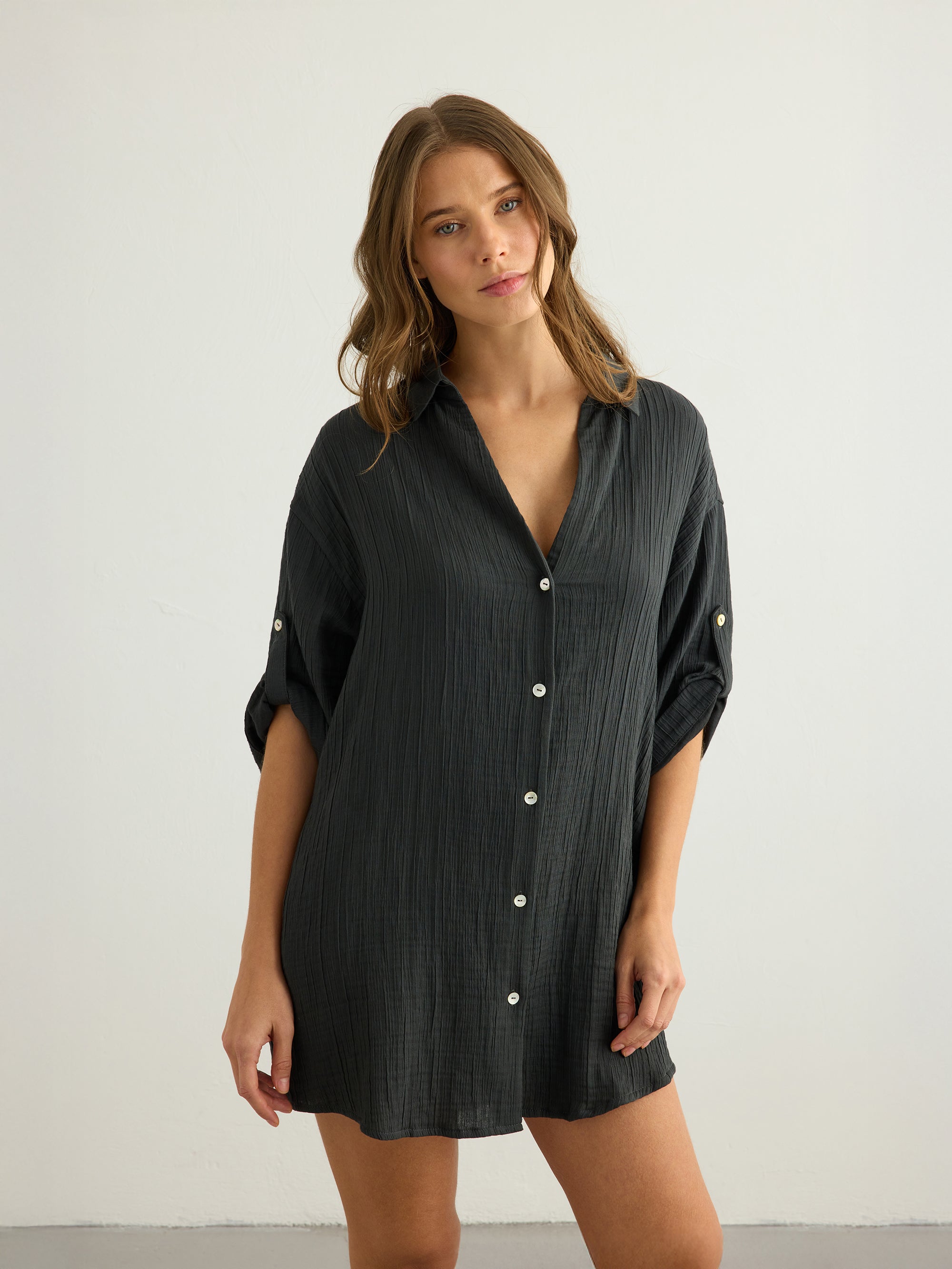 Kaya Oversized Shirt Dress - Charcoal - Sumiye Co