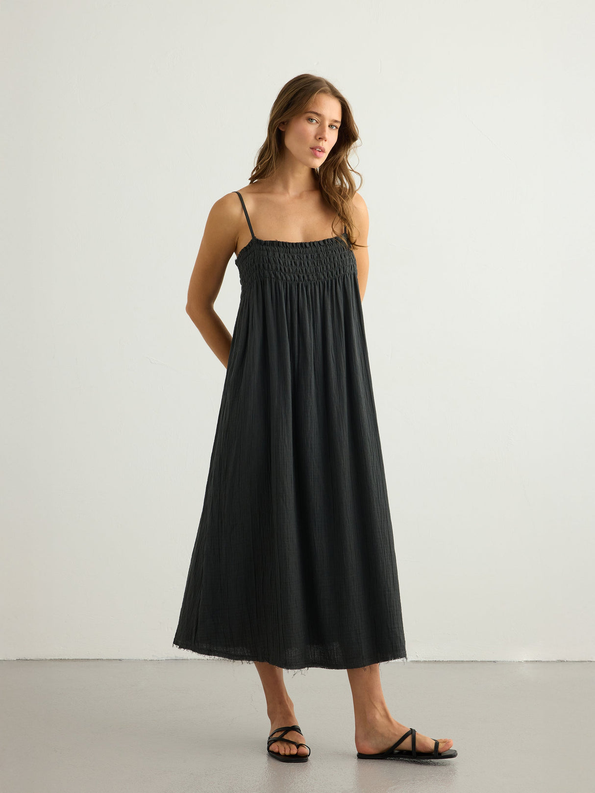 Kaya Smocked Maxi Dress - Charcoal - Sumiye Co