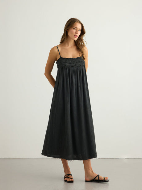 Kaya Smocked Maxi Dress - Charcoal - Sumiye Co