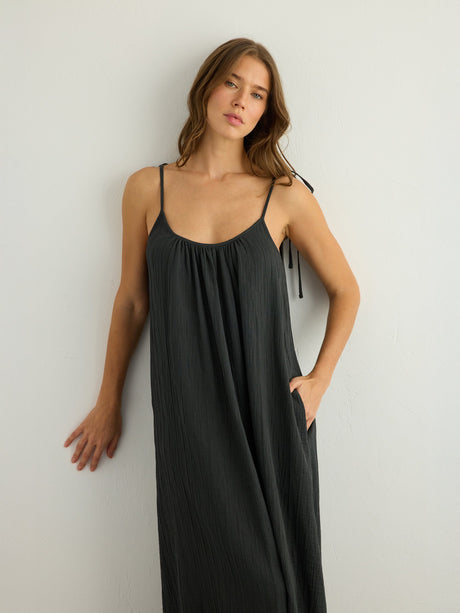 Kaya Tie Strap Maxi Dress - Charcoal - Sumiye Co
