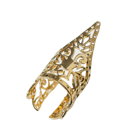 Gold openwork ring on a white background