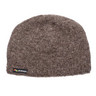 Brown knit beanie with a logo tag on a white background