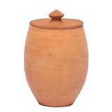 Terracotta jar with lid on a white background