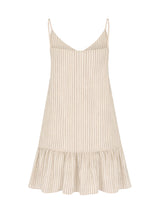 Beige striped dress with ruffled hem on a white background