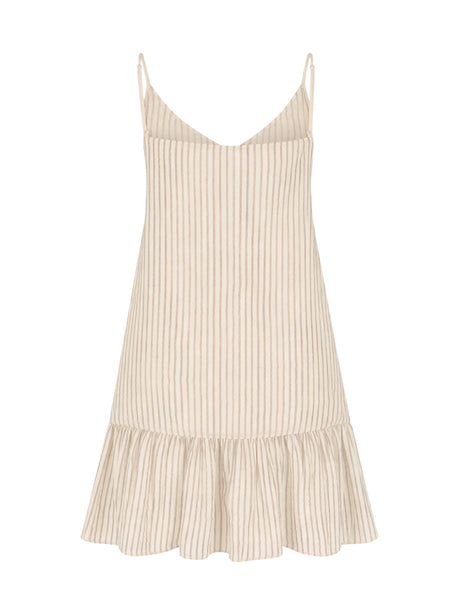 Beige striped dress with ruffled hem on a white background