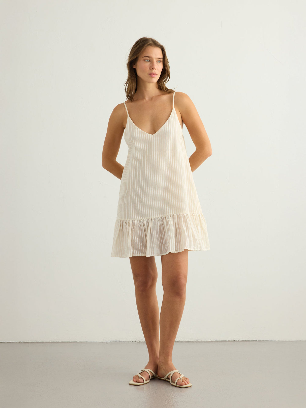 Liv Mini Ruffle Dress - White Stripes - Sumiye Co