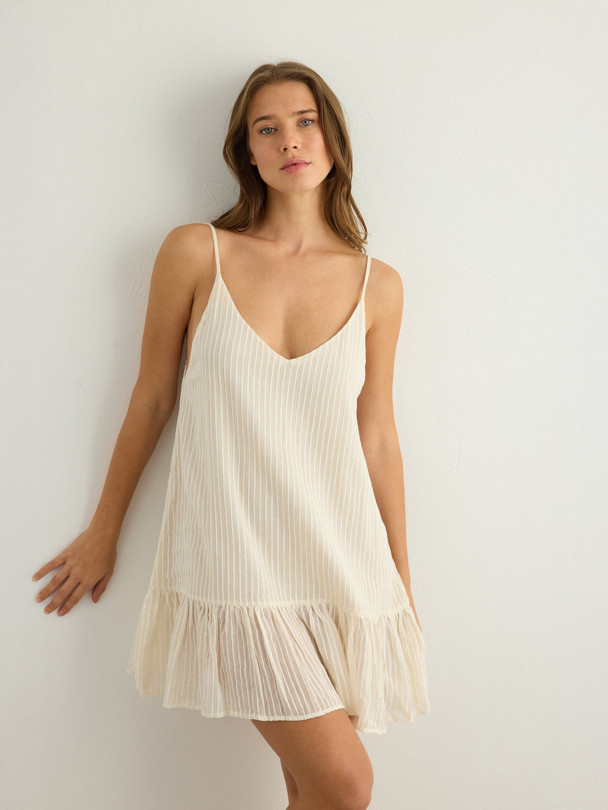 Liv Mini Ruffle Dress - White Stripes - Sumiye Co