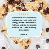 Coconut chocolate chip bars with a customer review on a white background