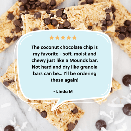 Coconut chocolate chip bars with a customer review on a white background