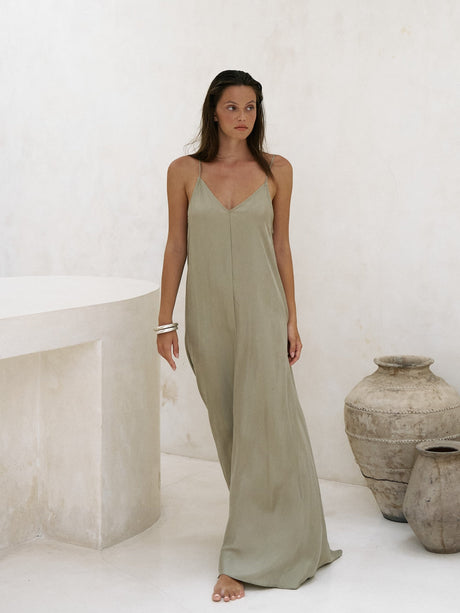 Lucid Flow Maxi Dress - Khaki Green by The Handloom - Sumiye Co
