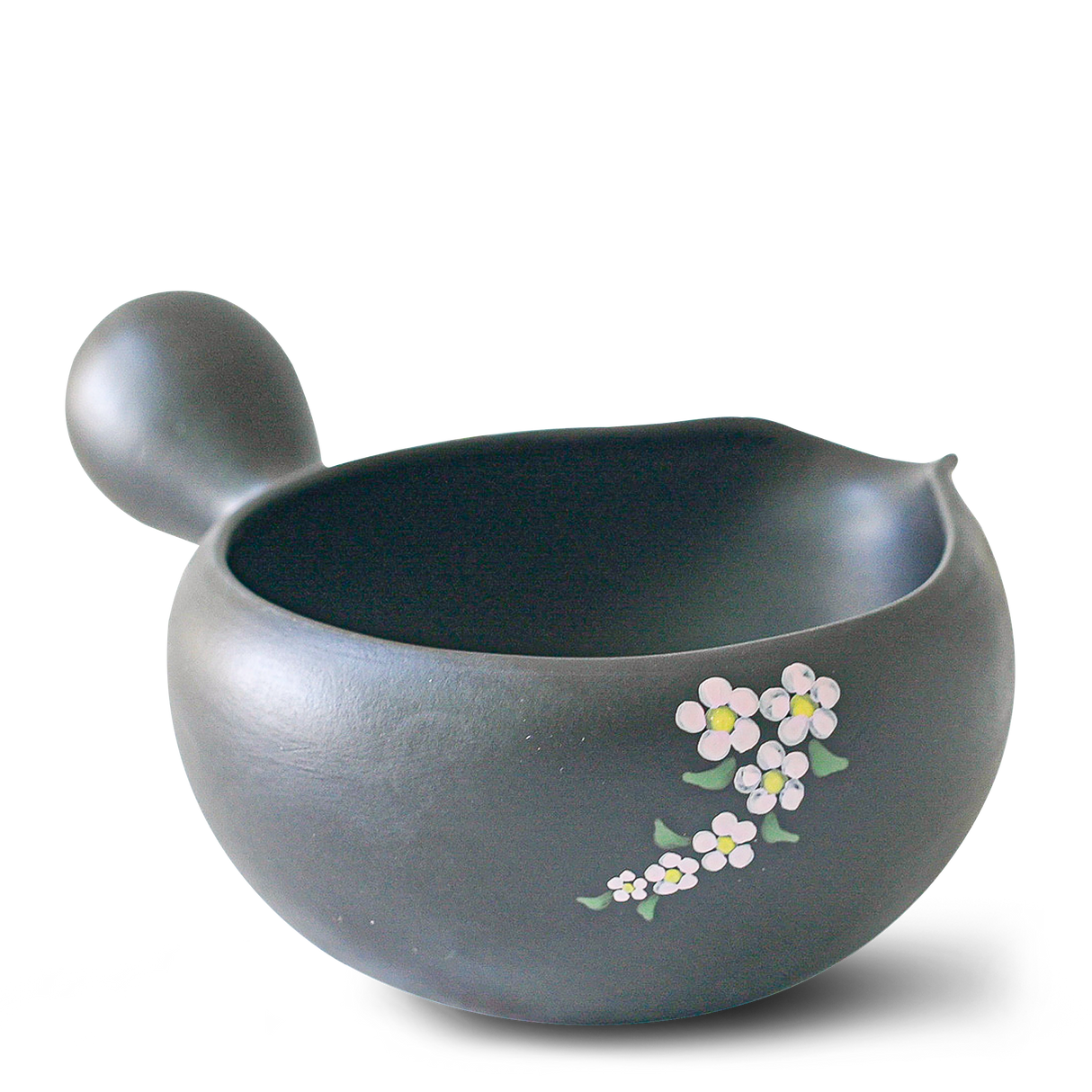 The Black Flowers Ceramic Matcha Bowl features a spout and showcases a pink and white floral design. Ideal for Japanese tea ceremonies, it complements the traditional bamboo whisk included in the Organic Japanese Matcha Set.