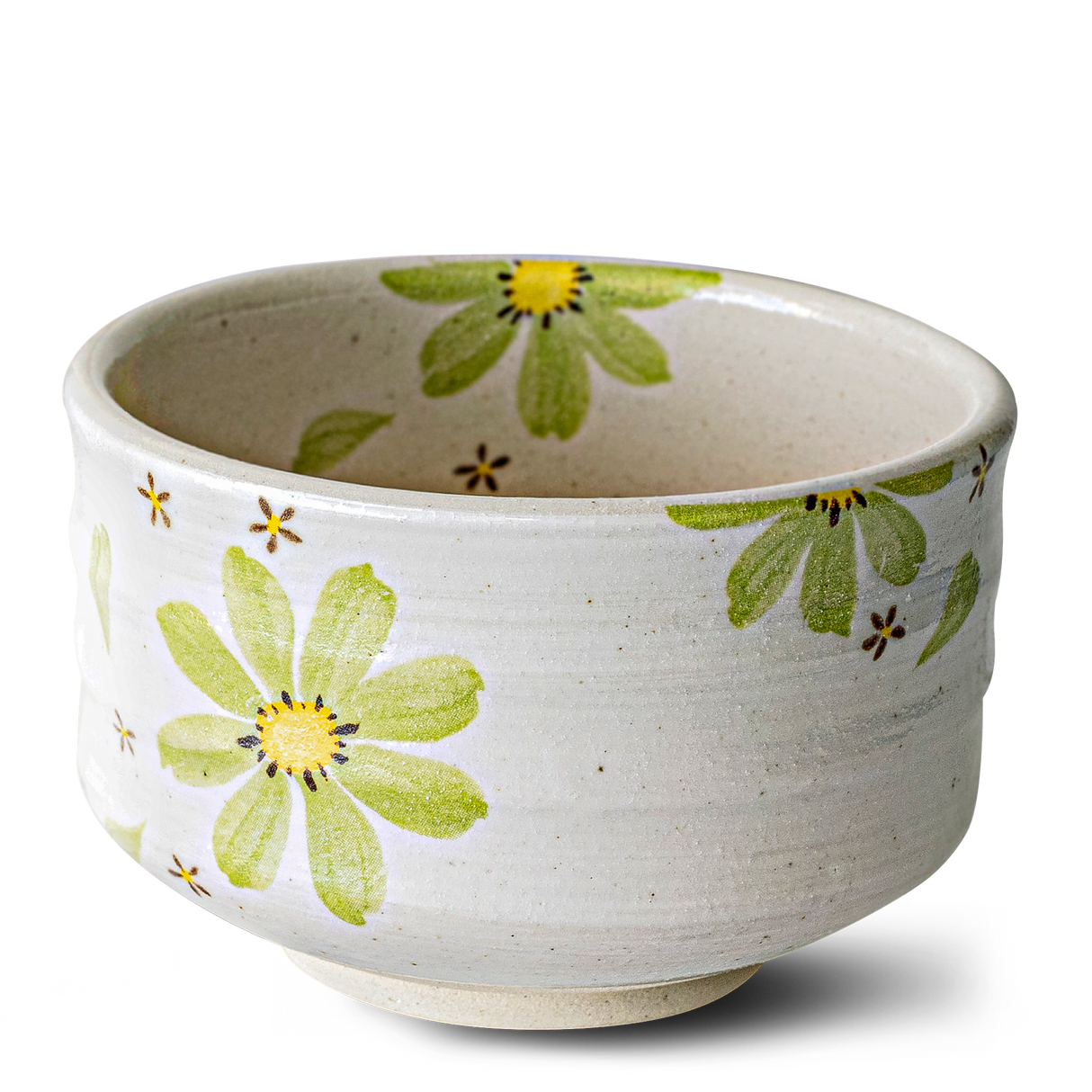 Green Flowers Ceramic Matcha Bowl, Bamboo Matcha Whisk, Whisk Holder & Organic Japanese Matcha Set