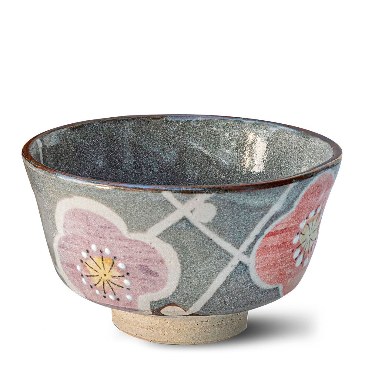 Gray with Flowers Ceramic Matcha Bowl, Bamboo Matcha Whisk & Whisk Holder Set - Sumiye Co