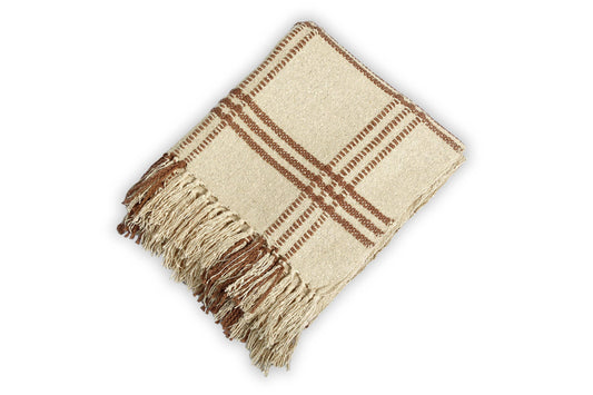 Throw Blanket - Cotton Boucle Large Checkered Pattern | Brown 52in x 68in