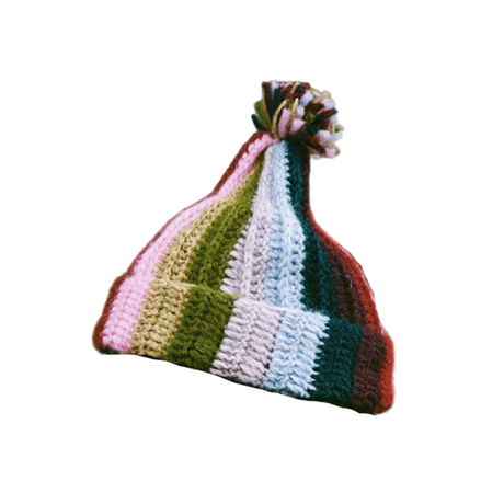 Multicolored striped knit beanie with pom-pom on a white background