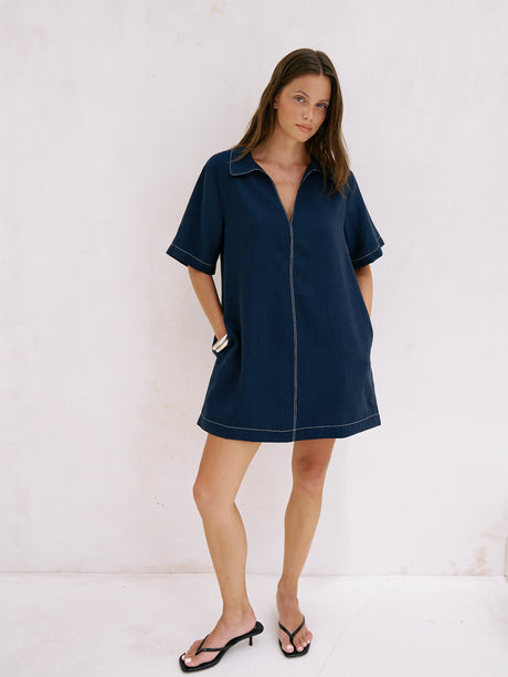Mae Popover Mini Dress - Navy - Sumiye Co
