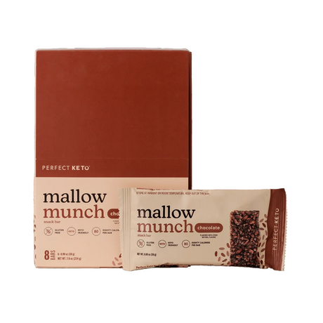 Mallow Munch chocolate bar packaging with Perfect Keto branding on a green background