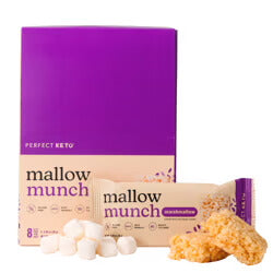 Mallow Munch snack package with purple box and white packaging on a white background