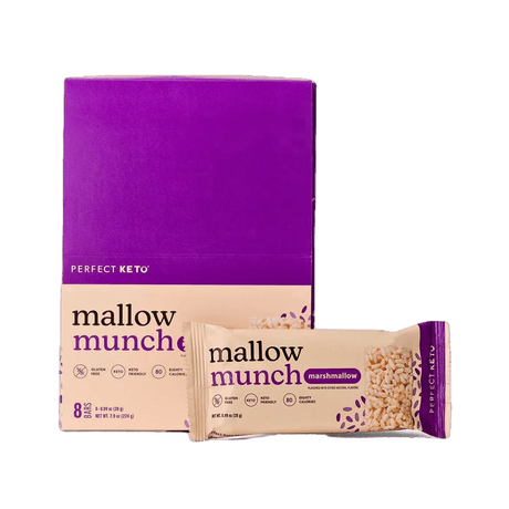 Perfect Keto Mallow Munch packaging on a green background