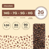 Chocolate snack bar with nutritional information on a beige background