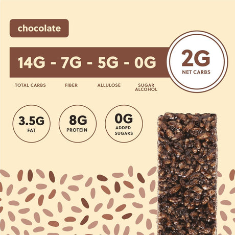 Chocolate snack bar with nutritional information on a beige background