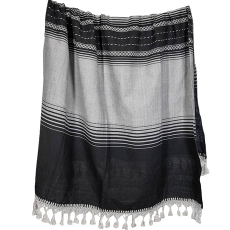 Black and white striped towel with tassels on a white background