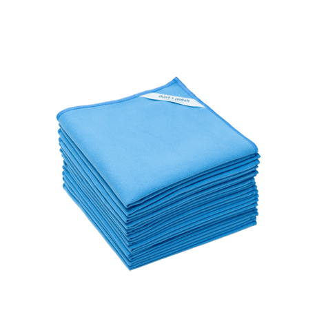Stack of blue microfiber cloths on a white background