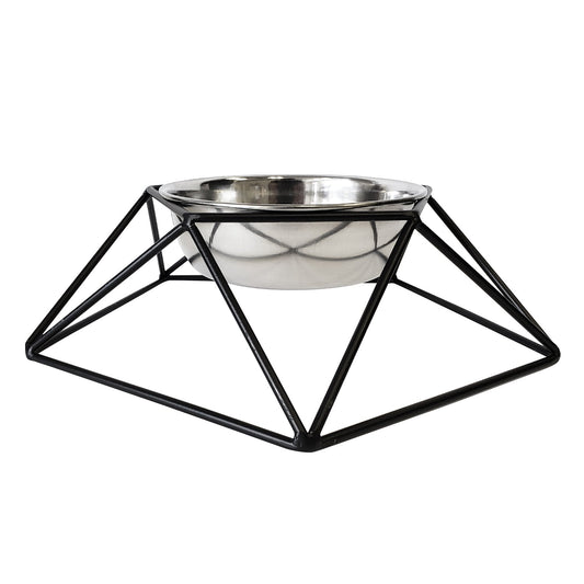Modern Hexagonal Black Geometric Dog Feeder with Stainless Steel Bowl-0
