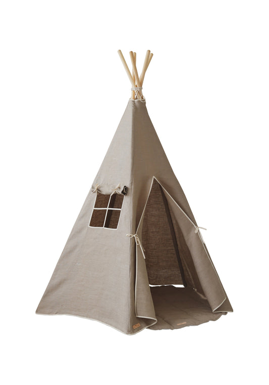 Teepee Tent “Natural Linen” + "White and Grey" Leaf Mat Set