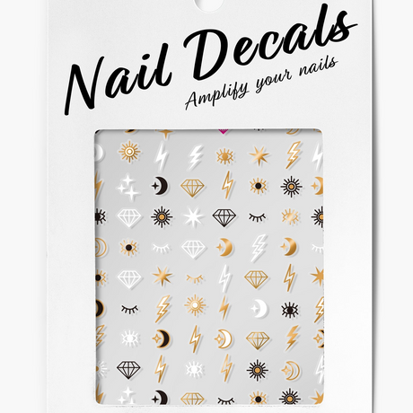 Packaging of nail decals with geometric and icon patterns on a white background