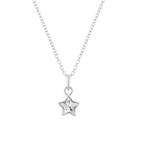 Silver star-shaped pendant necklace on a white background