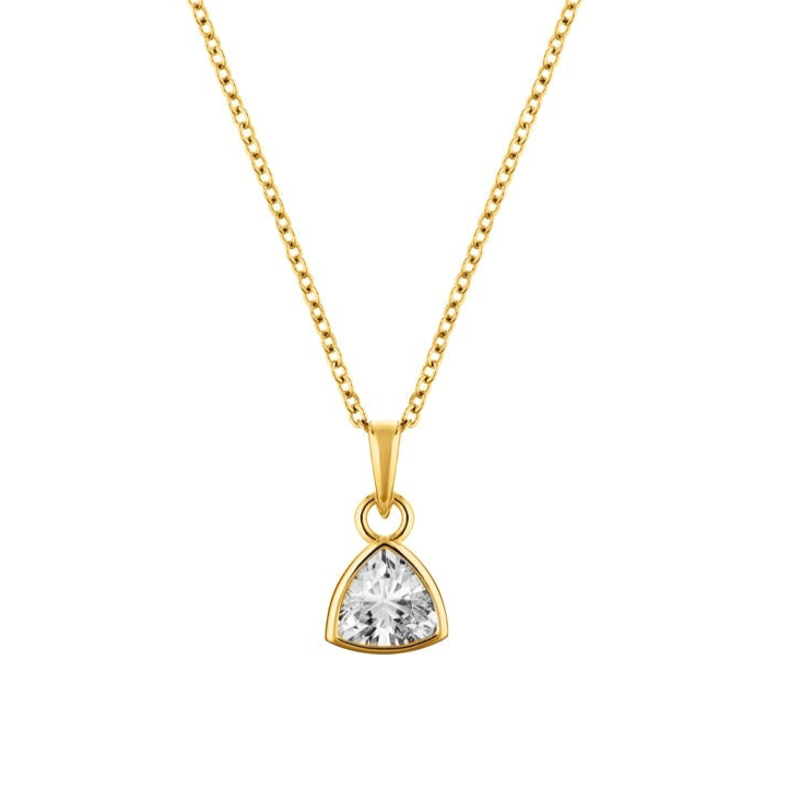 Gold necklace with a trapezoid-shaped diamond pendant on a white background