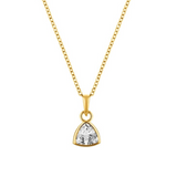 Gold necklace with a trapezoid-shaped diamond pendant on a white background