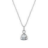 Trillion cut diamond pendant on a chain against a white background
