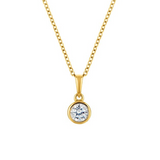 Gold necklace with a round diamond pendant on a white background