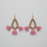 Pair of pink tassel earrings with gold accents on a light gray background