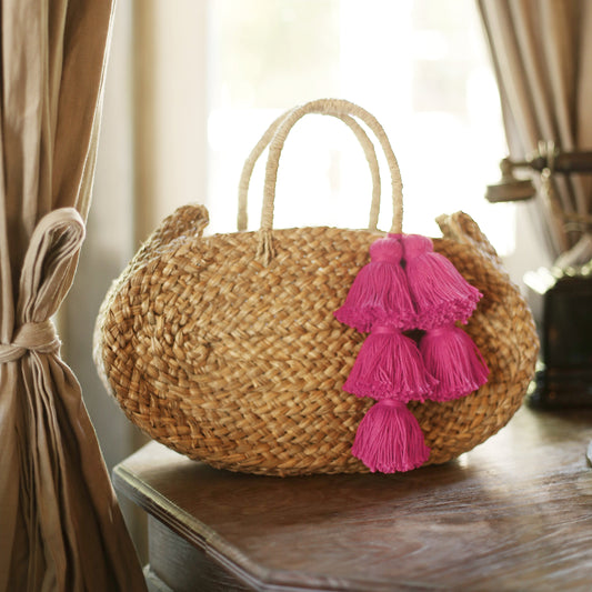 Oval Straw Tote Bag with Fuschia Pink Tassels