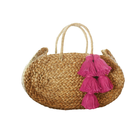 Bolso tote de paja ovalado con borlas de color rosa fucsia