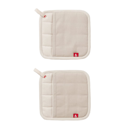 Two beige pot holders with a red logo on a white background