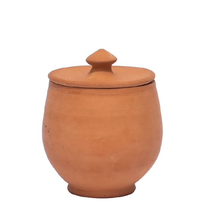 Terracotta jar with lid on a white background