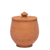 Terracotta jar with lid on a white background